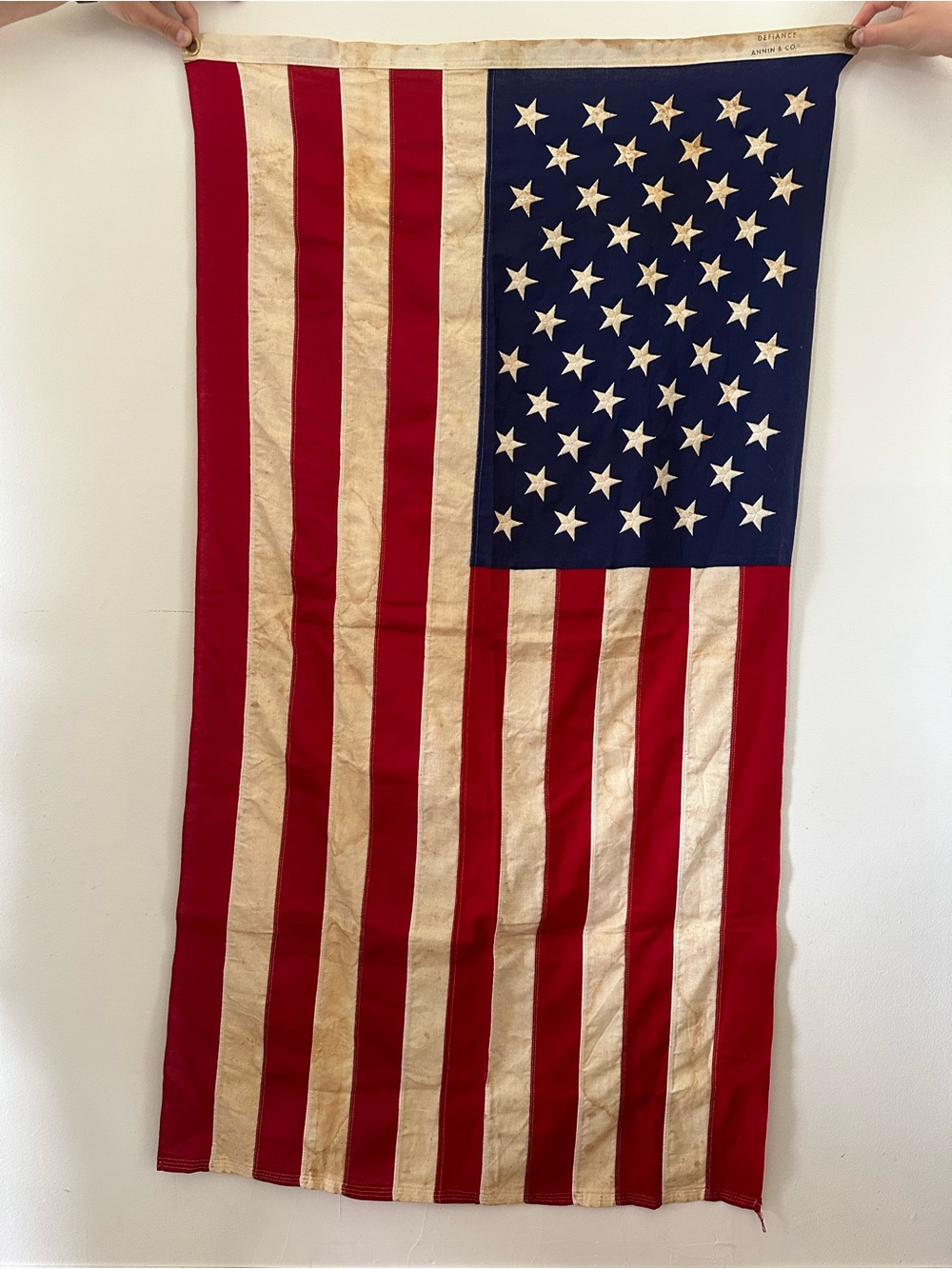 RARE VINTAGE LARGE AMERICAN FLAG Embroidered Stars Solid Brass Grommets
